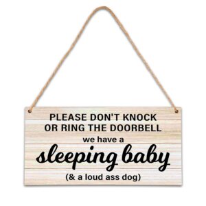 baby sleeping sign for front door, do not knock or ring doorbell wooden sign, baby room nursery home bedroom rustic hanging sign, set of 1 wooden sign with rope - b06