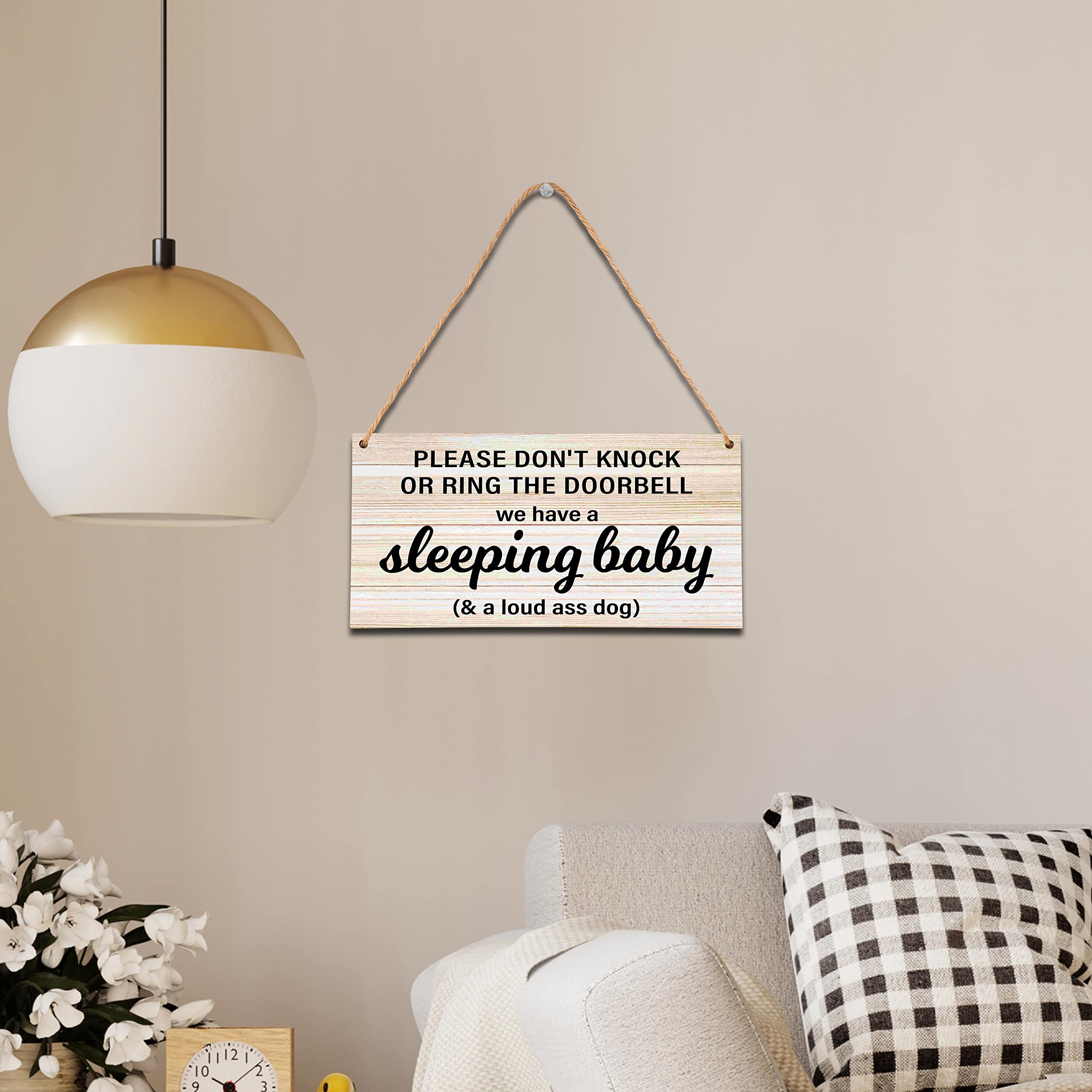 Baby Sleeping Sign For Front Door, Do Not Knock Or Ring Doorbell Wooden Sign, Baby Room Nursery Home Bedroom Rustic Hanging Sign, Set Of 1 Wooden Sign With Rope - B06
