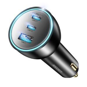 165w usb c car charger, rocoren pd3.1 140w/pd3.0 100w type c car charger, 3-ports qc5 super fast charging cigarette lighter usb charger for macbook pro, iphone 15, samsung s24/s23 ultra, ipad, laptops