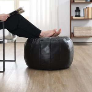 C COMFORTLAND Unstuffed Faux Leather Ottoman Pouf, Round Foot Rest Poof Ottomans, Floor Foot Stool Poufs, Bean Bag Cover with Storage for Living Room, Bedroom, Brown Black (No Filler)