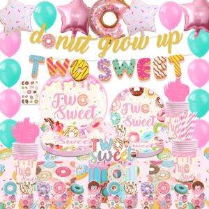 two sweet birthday party supplies for 2 year old girl, 150 pcs donut party decorations for girls baby - backdrop, banner, cake, cupcake toppers, cupcakes wrappers, balloons, tablecloth
