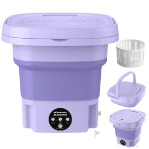 yozumd 8l portable washing machine,folding mini washer machine with blue light drain basket,3 levels timing vibration wave foldable laundry bucket for camping, travel purple