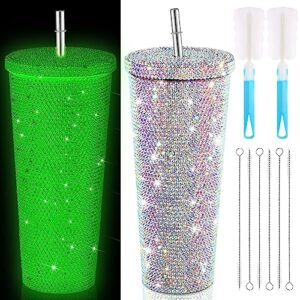 bokon bling diamond tumbler christmas gift for women glow in the dark rhinestone tumbler with lid straw glitter water bottle cup stainless steel double wall tumbler(silver, 25.4 oz)