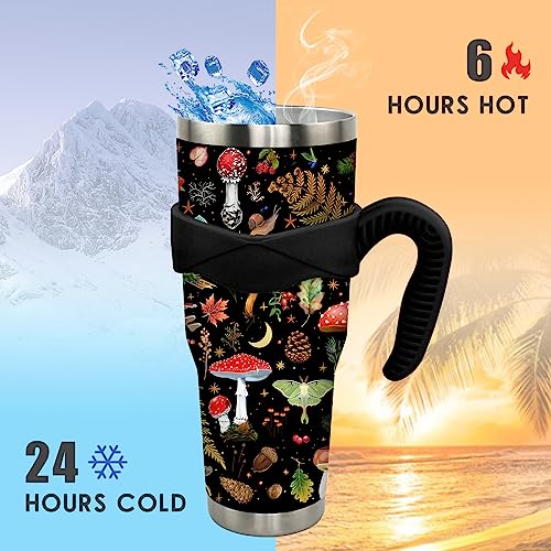 Hretqwi 40 oz Tumbler with Handle and Straw Leak Proof 40 oz Mushroom Cup Insulated Stainless Steel Coffee Travel Mushroom Mug Slim 40oz Tumbler with Handle Mushroom Stuff Gifts for Women