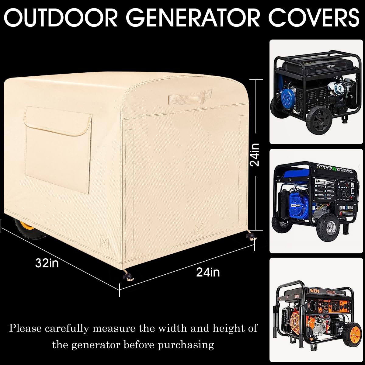 WNATN generator cover,32''L*24”W*24”H Generator Covers Heavy Duty Waterproof,600D generac generator cover,portable generator cover,inverter generator cover for outside(Beige)