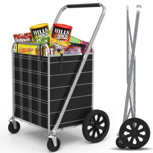 Jumbo Shopping Cart with Wheels and Liner 360° Metal Roller Foldable Grocery Laundry Cart, Up to 220 lbs