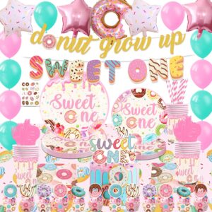 sweet one birthday party supplies for 2 year old girl, 150 pcs donut party decorations for girls baby - backdrop, banner, cake, cupcake toppers, cupcakes wrappers, tablecloth