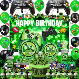 green gamer birthday party decoration - 217pcs video game gaming party supplies for boys birthday party - backdrop, table cover, plates, cups, napkins, utensils, hanging swirls, cupcake topper, cake