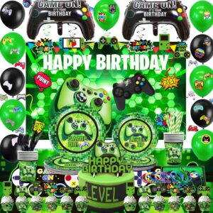 Green Gamer Birthday Party Decoration - 217Pcs Video Game Gaming Party Supplies For Boys Birthday Party - Backdrop, Table Cover, Plates, Cups, Napkins, Utensils, Hanging Swirls, Cupcake Topper, Cake