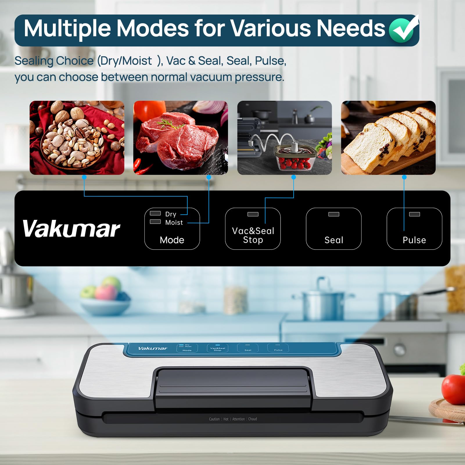 Vakumar Vacuum Sealer Machine, 80Kpa Food Vacuum Sealer Machine with Double Pump, Dry,/Moist, Pulse Mode, Handle Locked Design, LED Indicator Light & Cutter,12MM Widened Heating Strip