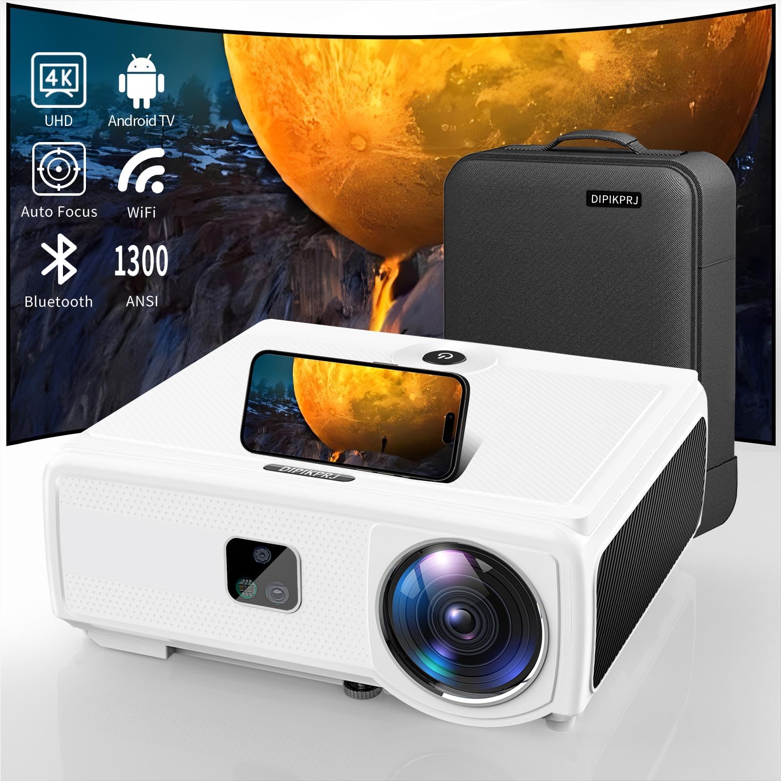 [Auto Focus & Keystone] Android TV 4K Projector with Prime Video Bulit-in,1300Ansi lumens Home Movie Outdoor Projector 4K+ with Wifi 6 and Bluetooth,50% Zoom & 500"Dispaly,8000+ Apps,Dust-Proof