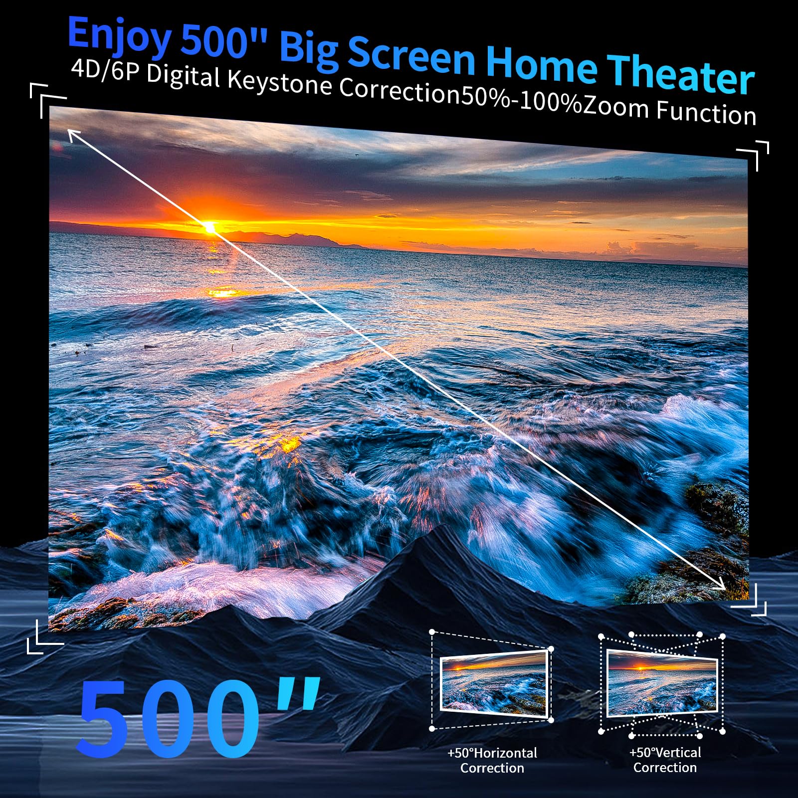 [Auto Focus & Keystone] Android TV 4K Projector with Prime Video Bulit-in,1300Ansi lumens Home Movie Outdoor Projector 4K+ with Wifi 6 and Bluetooth,50% Zoom & 500"Dispaly,8000+ Apps,Dust-Proof