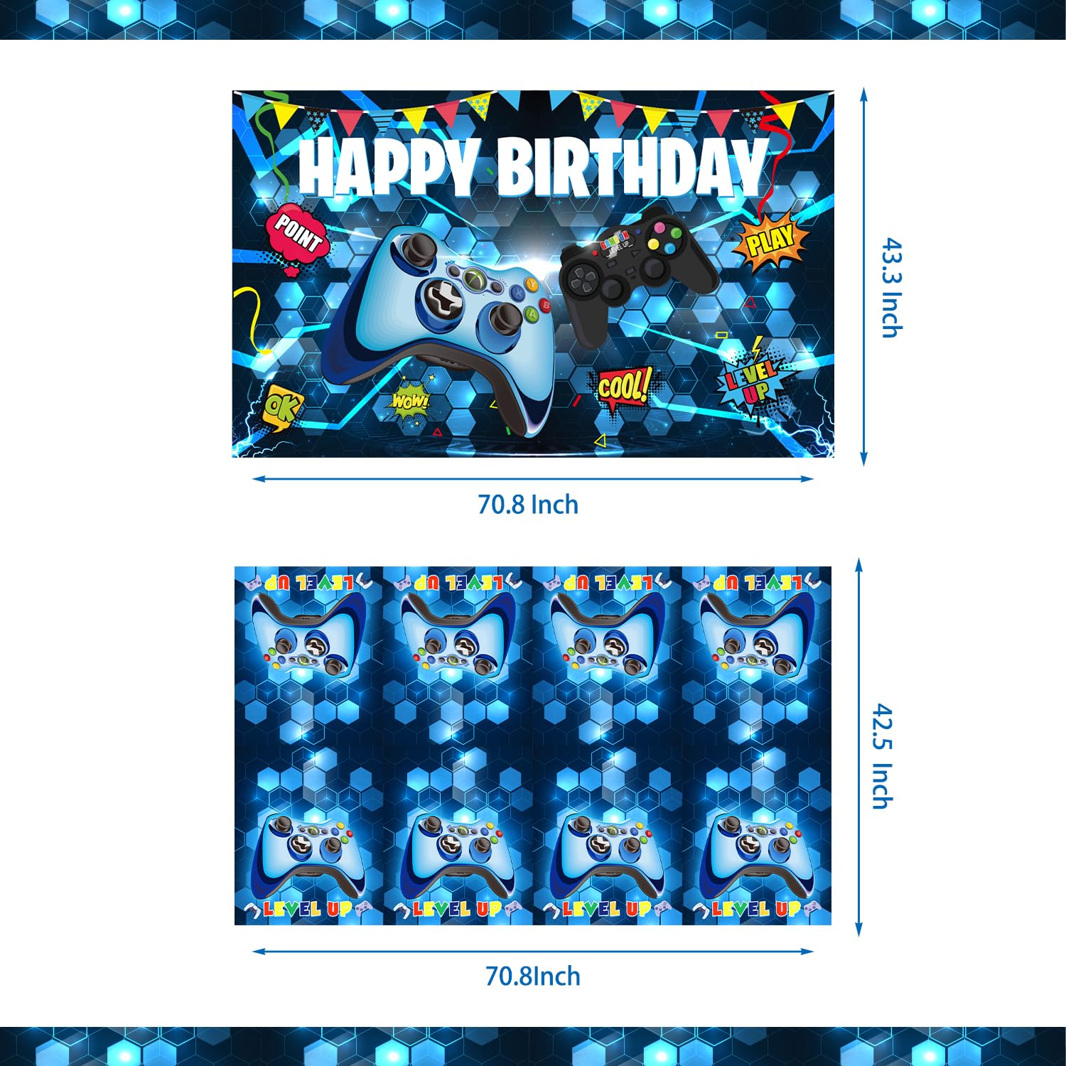 Mpanwen Blue Gamer Birthday Party Decoration - 218Pcs Video Game Gaming Party Supplies For Boys Birthday Party - Backdrop, Table Cover, Cupcakes Wrappers, Stickers, Bracelets Serves 10 Guests