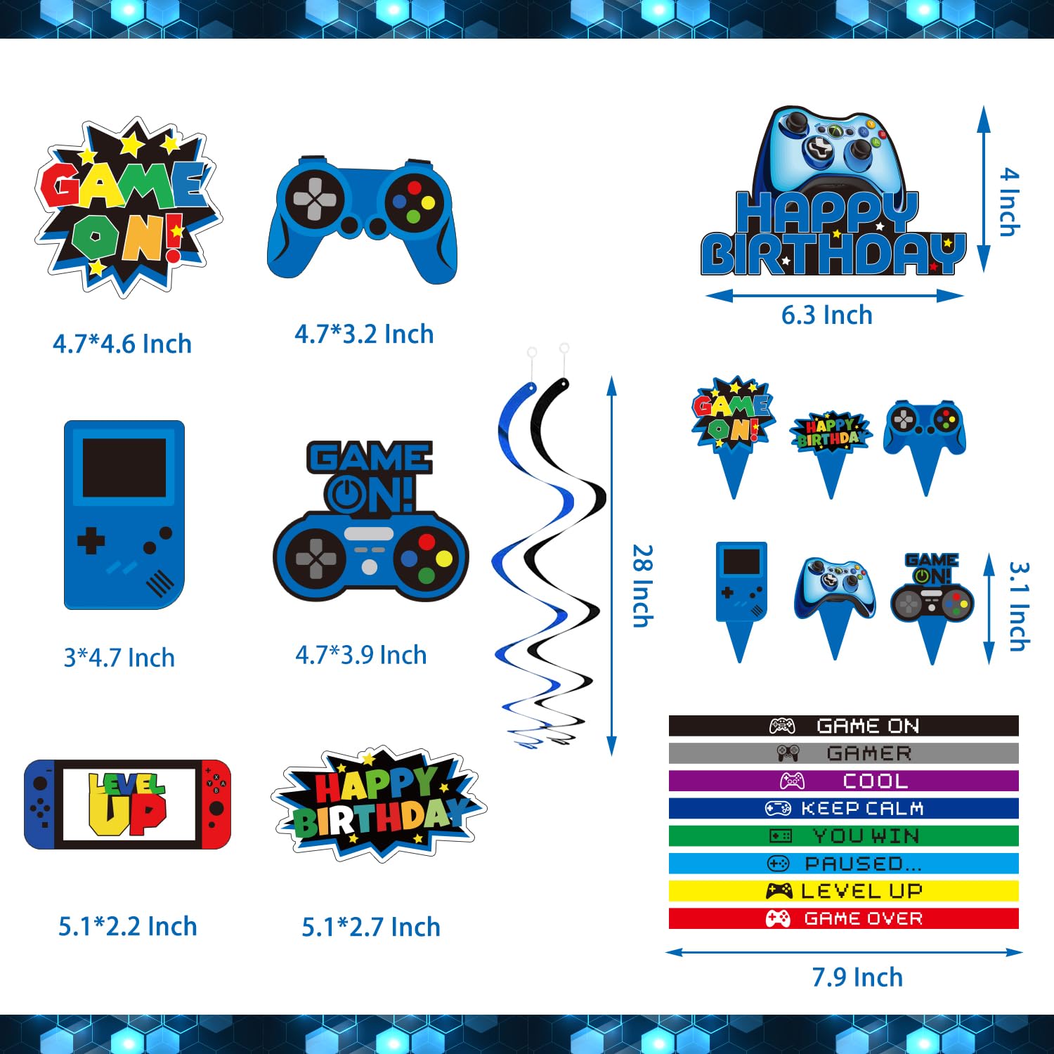 Mpanwen Blue Gamer Birthday Party Decoration - 218Pcs Video Game Gaming Party Supplies For Boys Birthday Party - Backdrop, Table Cover, Cupcakes Wrappers, Stickers, Bracelets Serves 10 Guests