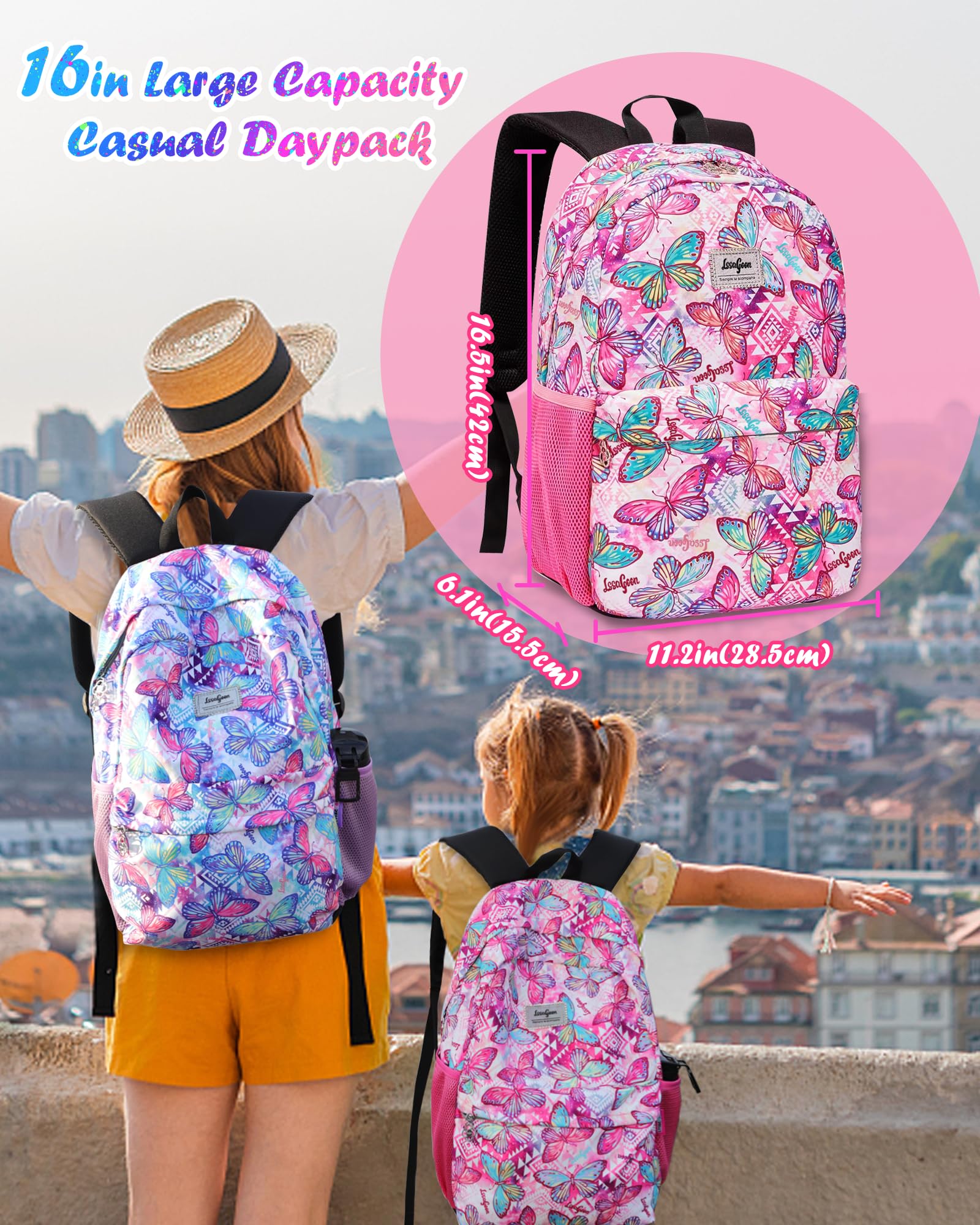 LSSAGOON Butterfly Print Backpack for Girls Teens Women.16in Bookbag W/Stationery Bag.Casual Baypack for Travel School Gift.