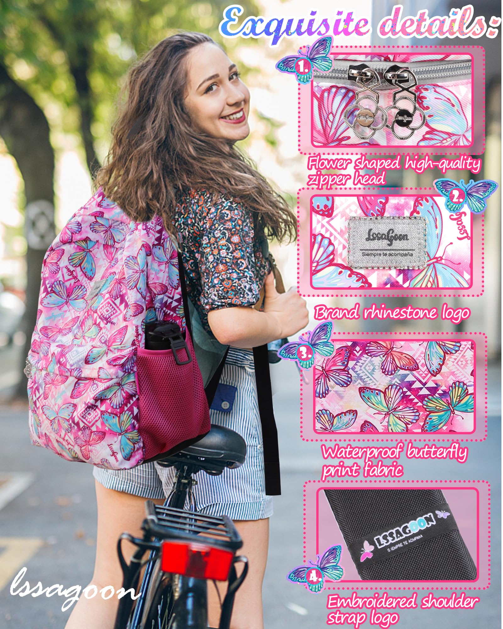 LSSAGOON Butterfly Print Backpack for Girls Teens Women.16in Bookbag W/Stationery Bag.Casual Baypack for Travel School Gift.