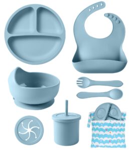 eclip silicone baby feeding set, 10 pcs baby led weaning supplies with suction bowl divided plate adjustable bib soft spoon fork snack cup with lid drinking cup, utensil (blue)