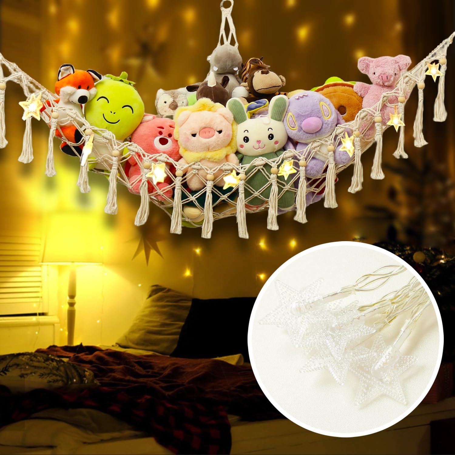 Evbopa Stuffed Animal Net or Hammock Toy Storage with LED Light Hanging Stuffed Animal Storage for Nursery Decor Toy Hammock for Stuffed Animals Toy Organizer