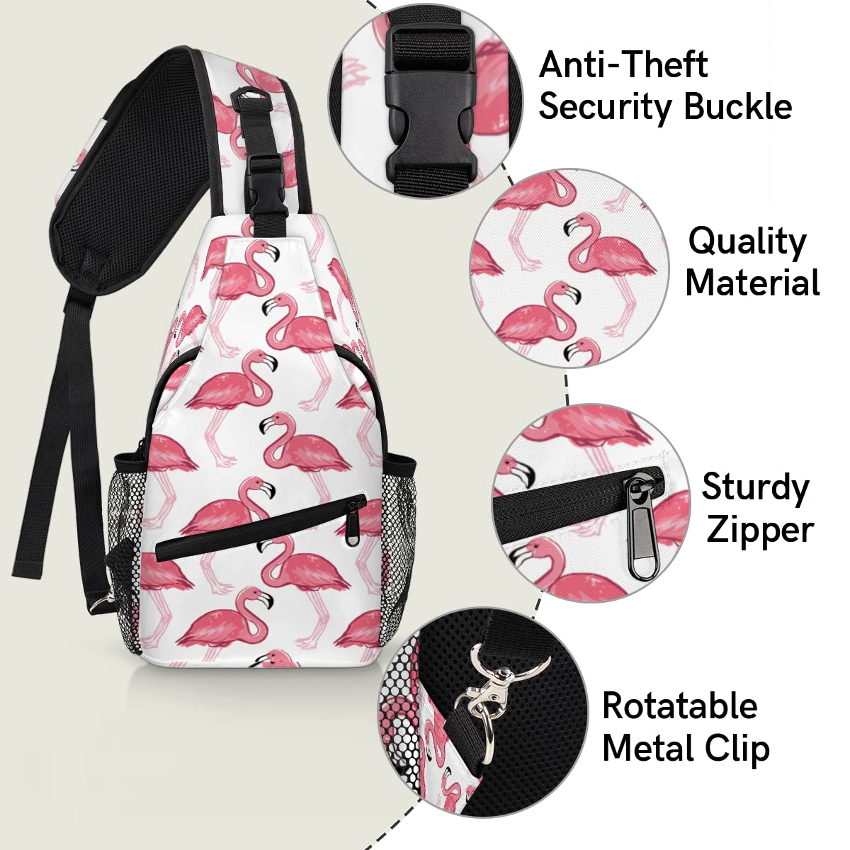 Sling Bag for Women, Mini Crossbody Shoulder Chest Small Backpack for Travel Hiking (Pink Flamingo)