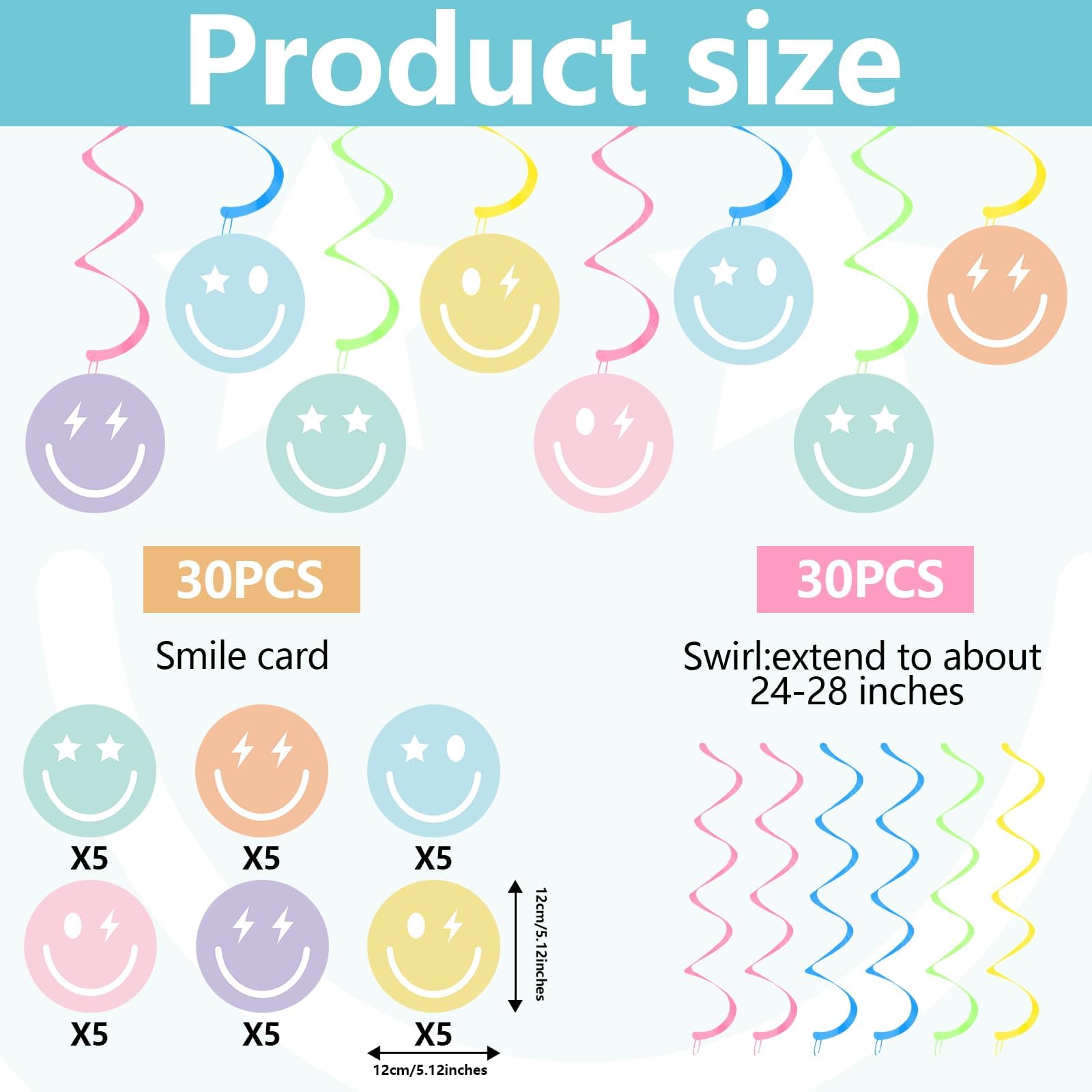 60Pcs Smile Face Birthday Decorations Preppy Party Decorations Smile Face Preppy Party Hanging Swirls Streamers Y2k Hot Pink Supplies for Birthday Party Favors