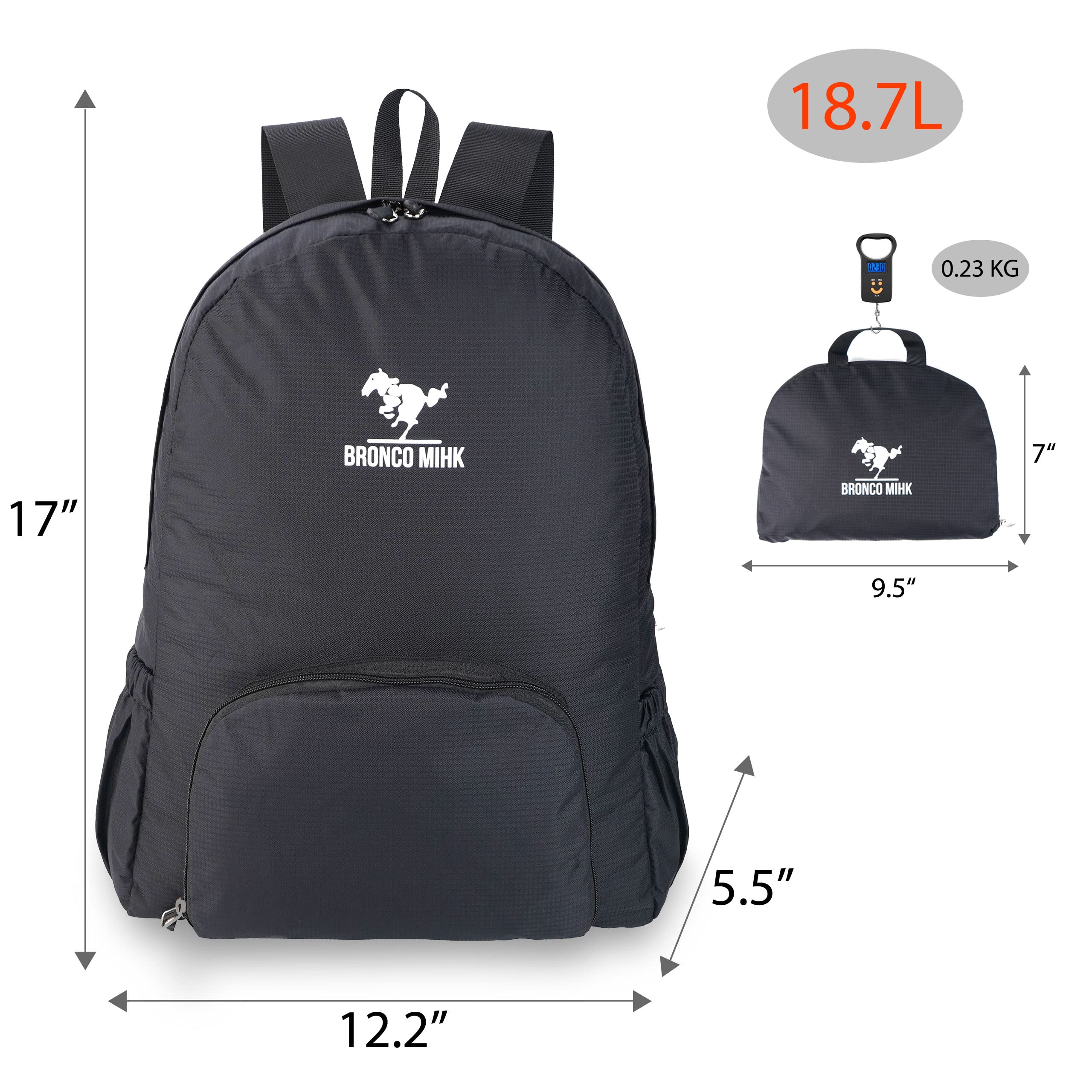 BRONCO MIHK Lightweight Packable Backpack 20L Hiking Daypack Nylon Backpacks for Women (Black)