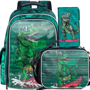 gxtvo 3pcs dinosaur backpack for boys, 16" kids preschool elementary dino bookbag with lunch box