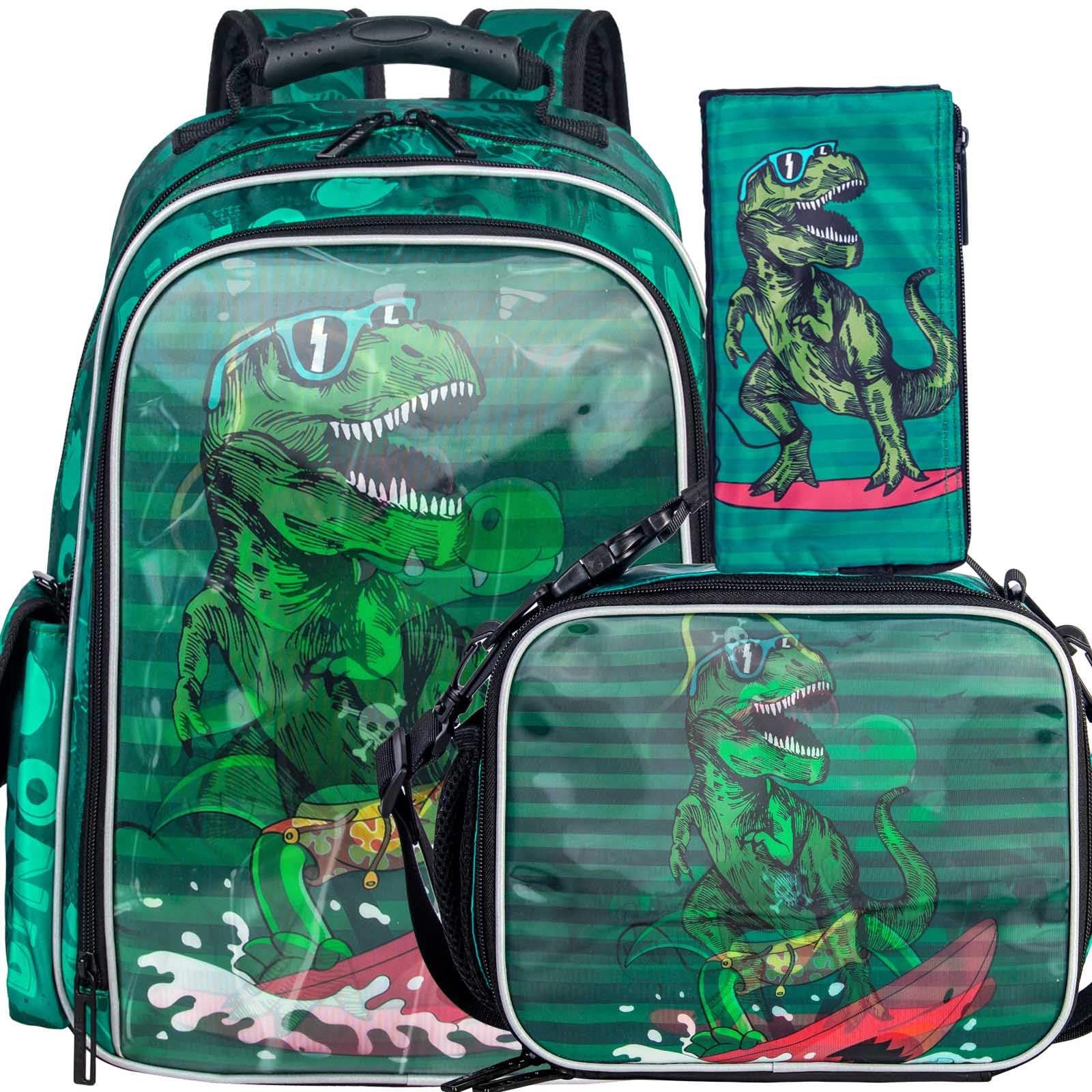 gxtvo 3PCS Dinosaur Backpack for Boys, 16" Kids Preschool Elementary Dino Bookbag with Lunch Box