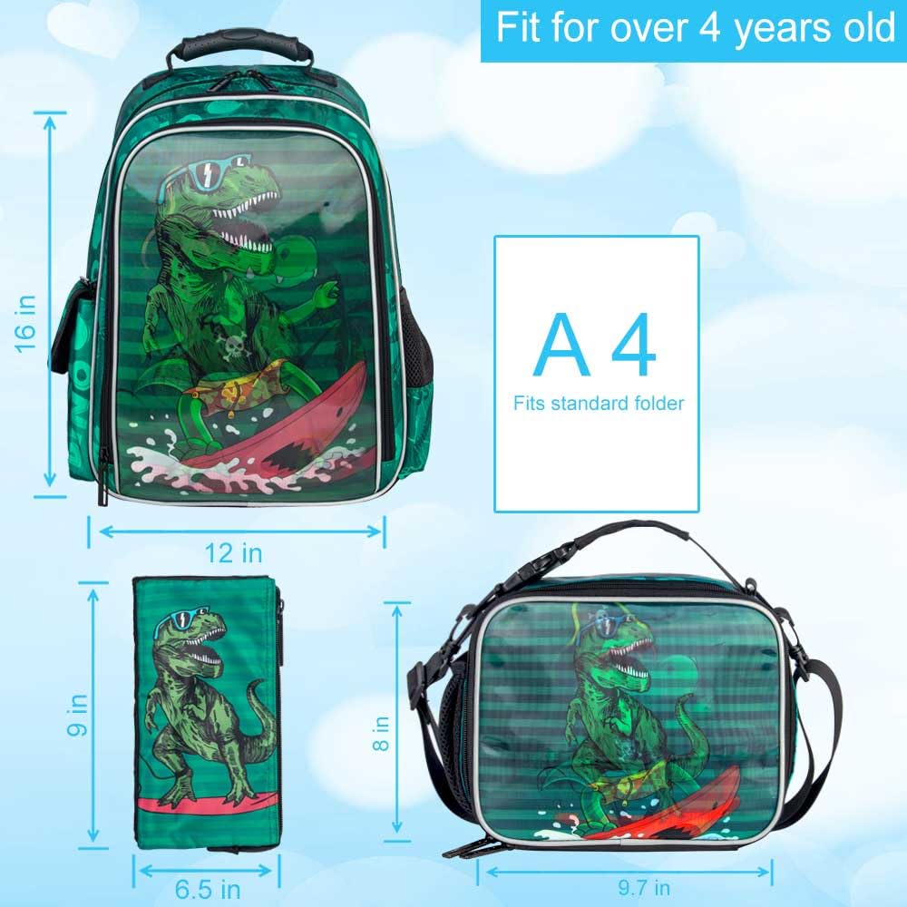 gxtvo 3PCS Dinosaur Backpack for Boys, 16" Kids Preschool Elementary Dino Bookbag with Lunch Box