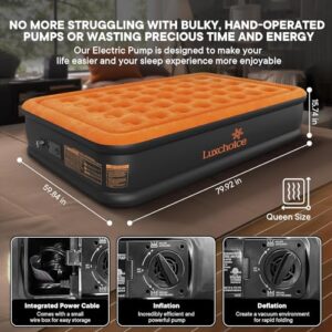 Luxchoice Queen Inflatable Mattress with Built-in Pump Camping Air Mattress Quick Inflation Deflation Blow Up Mattresses Air Bed Portable Elevated Guest Bed for Home Outdoors Hiking Travel