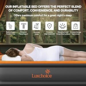 Luxchoice Queen Inflatable Mattress with Built-in Pump Camping Air Mattress Quick Inflation Deflation Blow Up Mattresses Air Bed Portable Elevated Guest Bed for Home Outdoors Hiking Travel