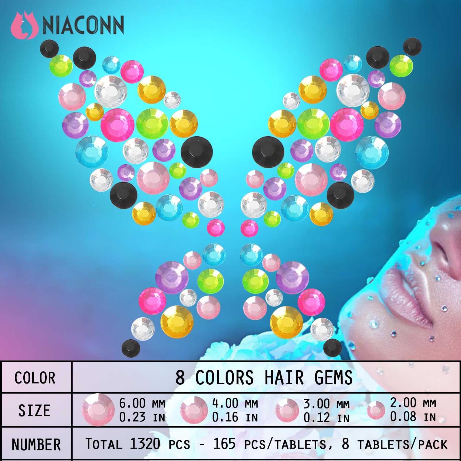 NIACONN 1320pcs Mixed Color Hair Gems Stick on, Bling Face Diamonds Self Adhesive Rhinestones Stickers for Hair, Face & DIY