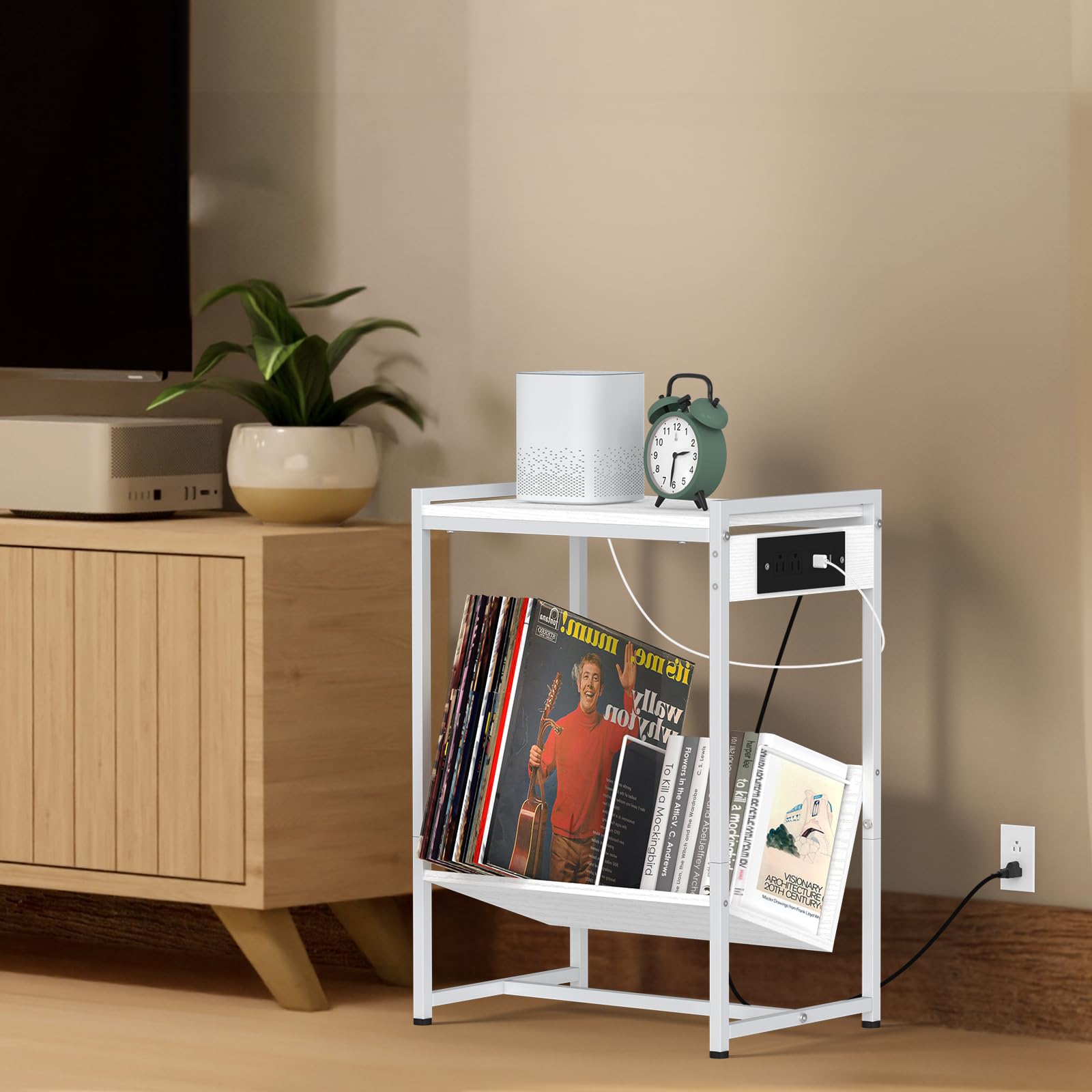 CADUKE White Record Player Stand with Vinyl Storage Turntable Stand with Record Storage 2 Tier Modern Vinyl Record Table Stand End Table with Charging Station for Living Room Bedroom