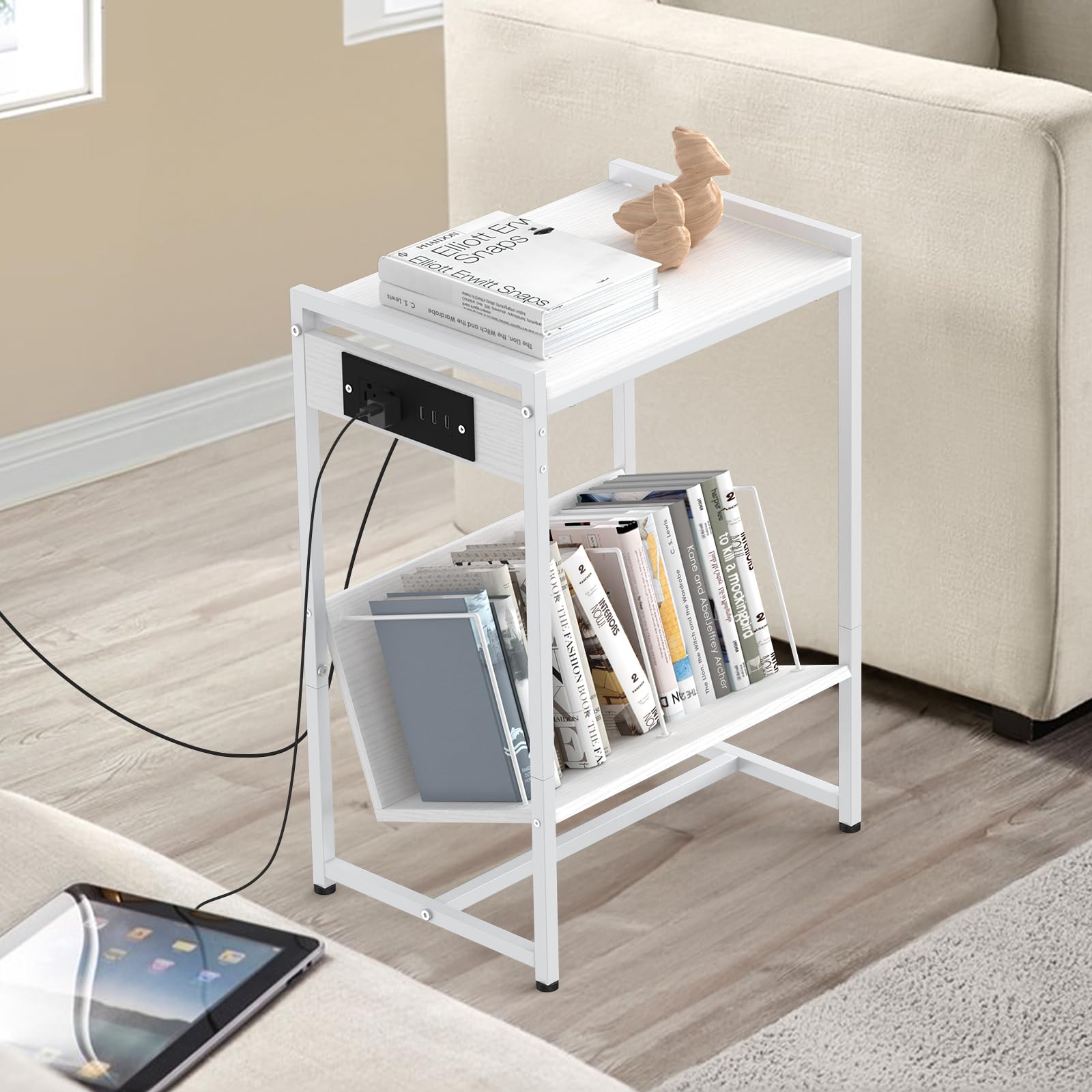 CADUKE White Record Player Stand with Vinyl Storage Turntable Stand with Record Storage 2 Tier Modern Vinyl Record Table Stand End Table with Charging Station for Living Room Bedroom