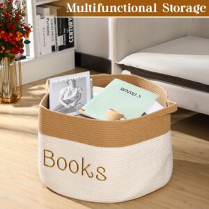 Dandat Cotton Rope Book Storage Basket Embroidered Book Bin 21.7 x 21.7 x 13.8 Inch Large Book Basket with Handles Book Tote Organizer for Nursery, Playroom, Living Room, Classroom