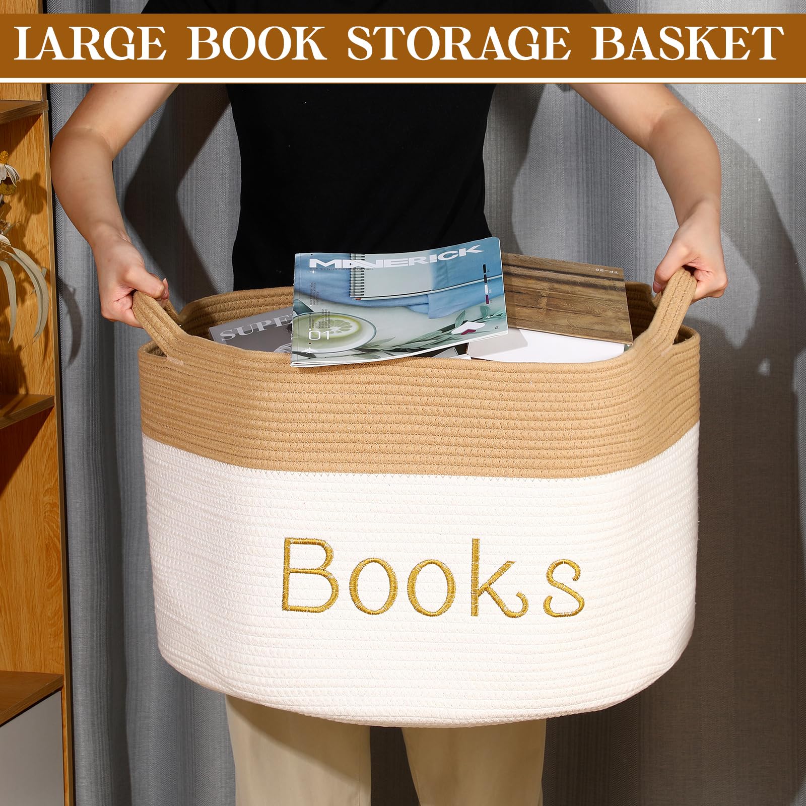 Dandat Cotton Rope Book Storage Basket Embroidered Book Bin 21.7 x 21.7 x 13.8 Inch Large Book Basket with Handles Book Tote Organizer for Nursery, Playroom, Living Room, Classroom