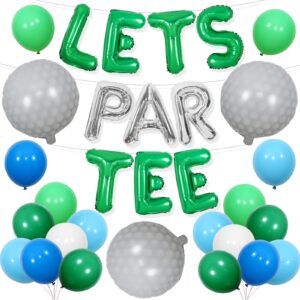 joymemo golf party decorations for boys men, blue green let's partee balloon banner, golf ball balloons, let's par- tee decor, sports golf themed birthday retirement party supplies