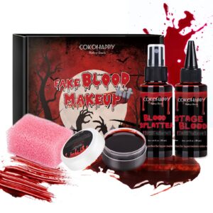 cokohappy halloween fake blood sfx makeup kit - coagulated blood gel + fake blood spray + dripping stage blood + stipple sponge realistic washable special effects makeup kit for zombie vampire