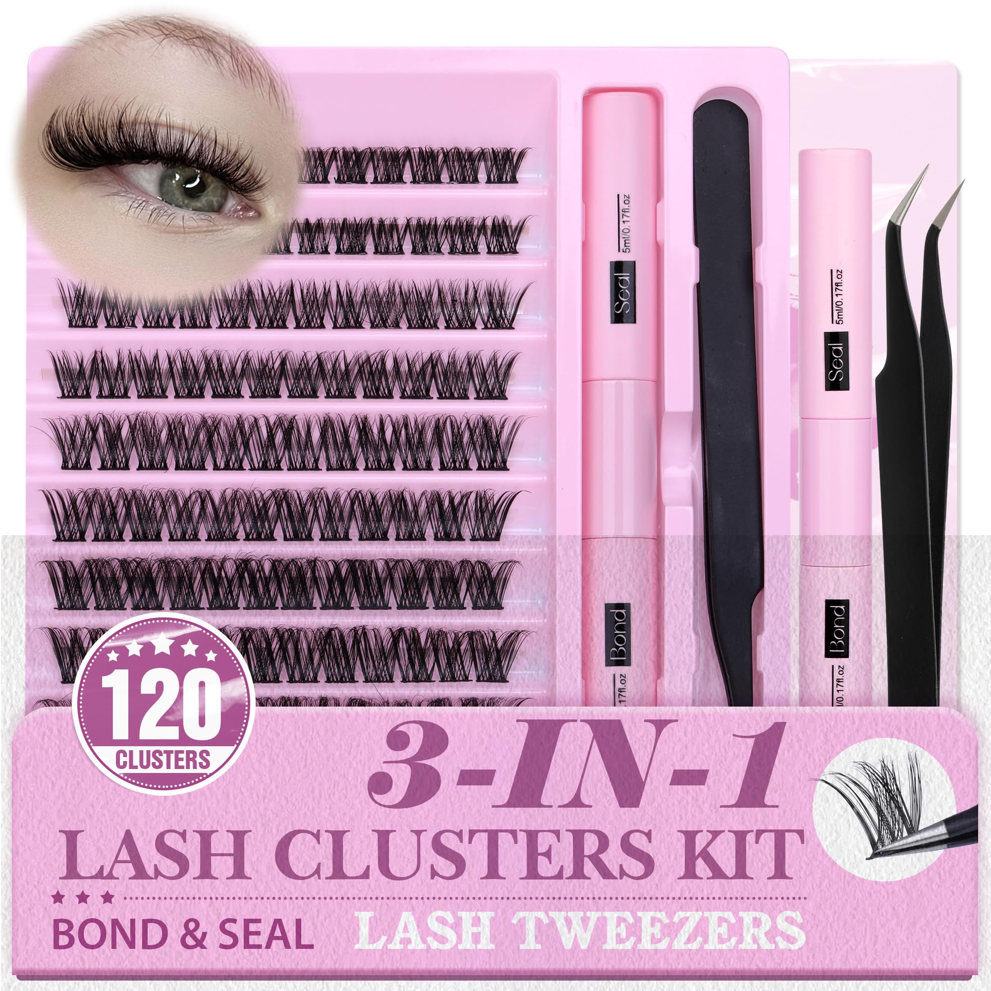 Lash Extension Kit 120 Pcs Lash Clusters DIY Eyelash Extension with Waterproof Lash Bond and Seal and Lash Applicator for Individual Cluster Lashes Extensions Kit by ALPHONSE (8-16MM)