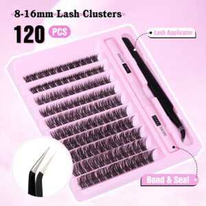 Lash Extension Kit 120 Pcs Lash Clusters DIY Eyelash Extension with Waterproof Lash Bond and Seal and Lash Applicator for Individual Cluster Lashes Extensions Kit by ALPHONSE (8-16MM)