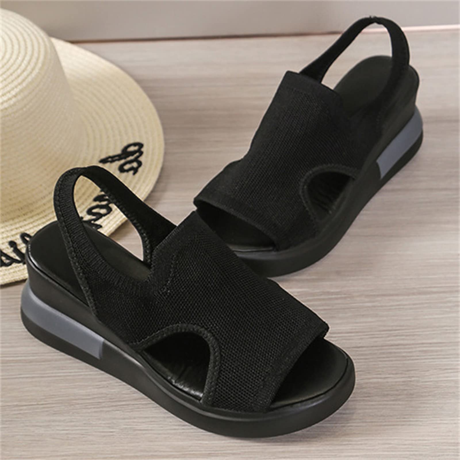 DOIX Mesh Wedges Sport Sandals for Women Comfortable Elastic Ankle Strap Fish Mouth Sandals Casual Slip on Platform Sandals Breathable Open Toe Walking Shoes Sneakers,Black,US7/EU38