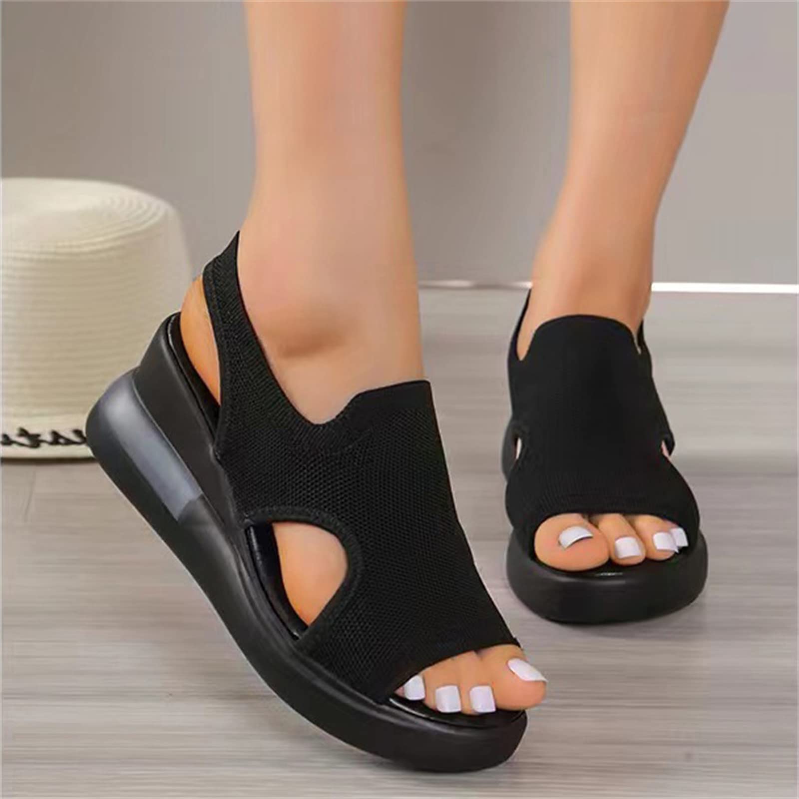 DOIX Mesh Wedges Sport Sandals for Women Comfortable Elastic Ankle Strap Fish Mouth Sandals Casual Slip on Platform Sandals Breathable Open Toe Walking Shoes Sneakers,Black,US7/EU38