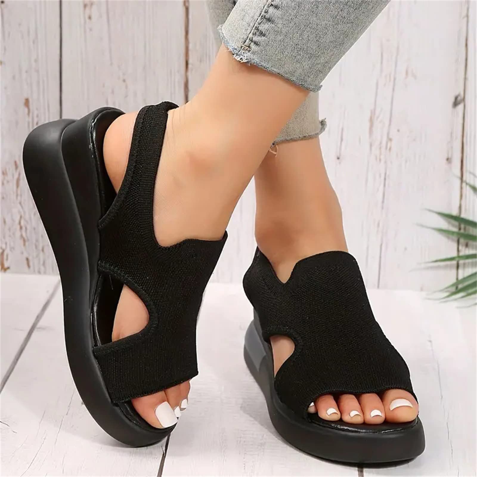 DOIX Mesh Wedges Sport Sandals for Women Comfortable Elastic Ankle Strap Fish Mouth Sandals Casual Slip on Platform Sandals Breathable Open Toe Walking Shoes Sneakers,Black,US7/EU38