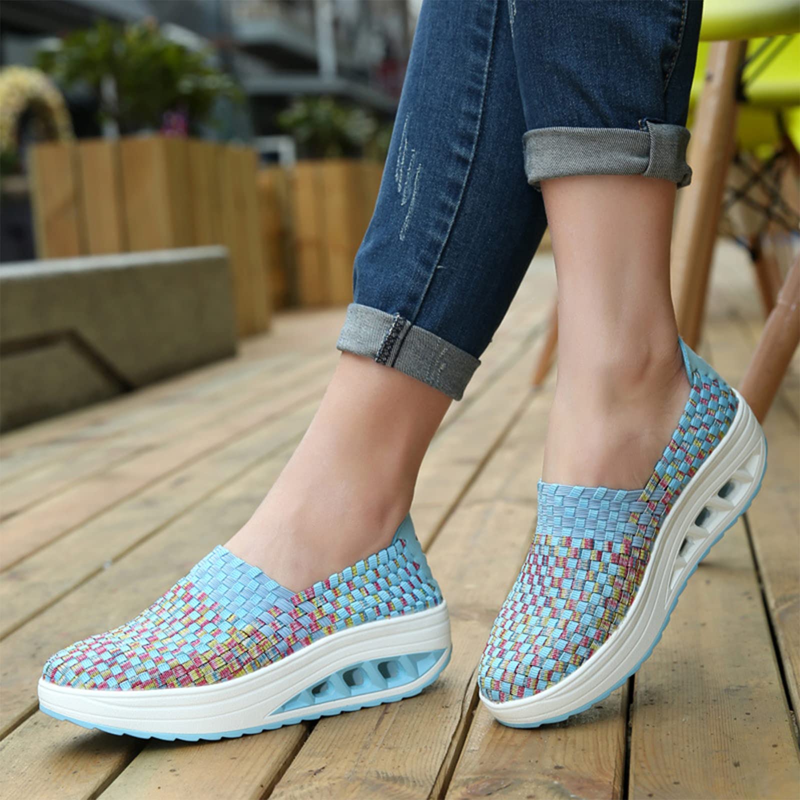 AngryMonkey Women Mesh Woven Breathable Slip On Orthopedic Walking Shoes,Arch Support Air Cushion Platform Sneakers Nursing Shoes Rocker Shoes (8.5,Blue,8.5)