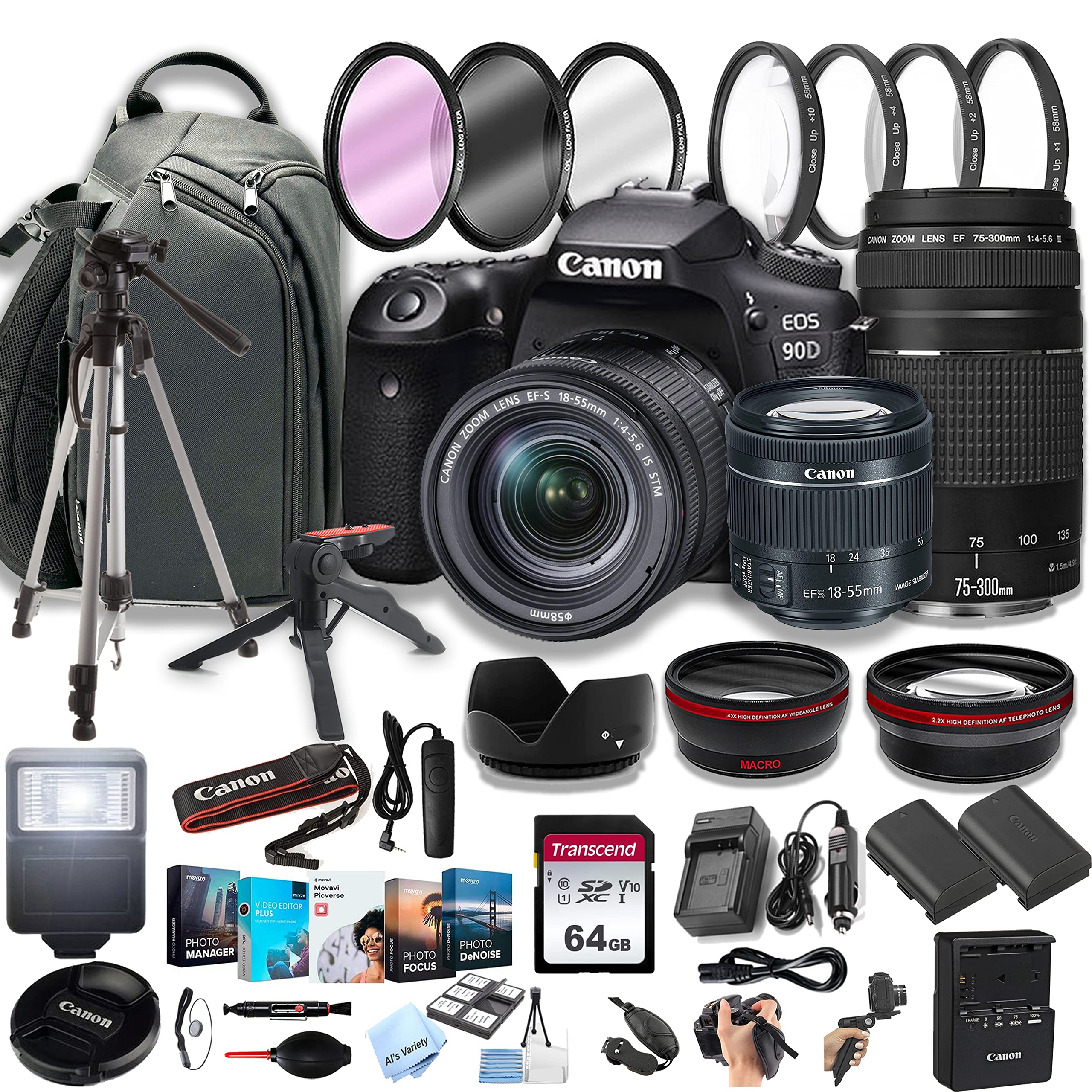 Canon EOS 90D DSLR Camera w/EF-S 18-55mm F/4-5.6 STM Zoom Lens + 75-300mm F/4-5.6 III Lens+ 64GB Memory Cards, Professional Photo Bundle (42pc Bundle)