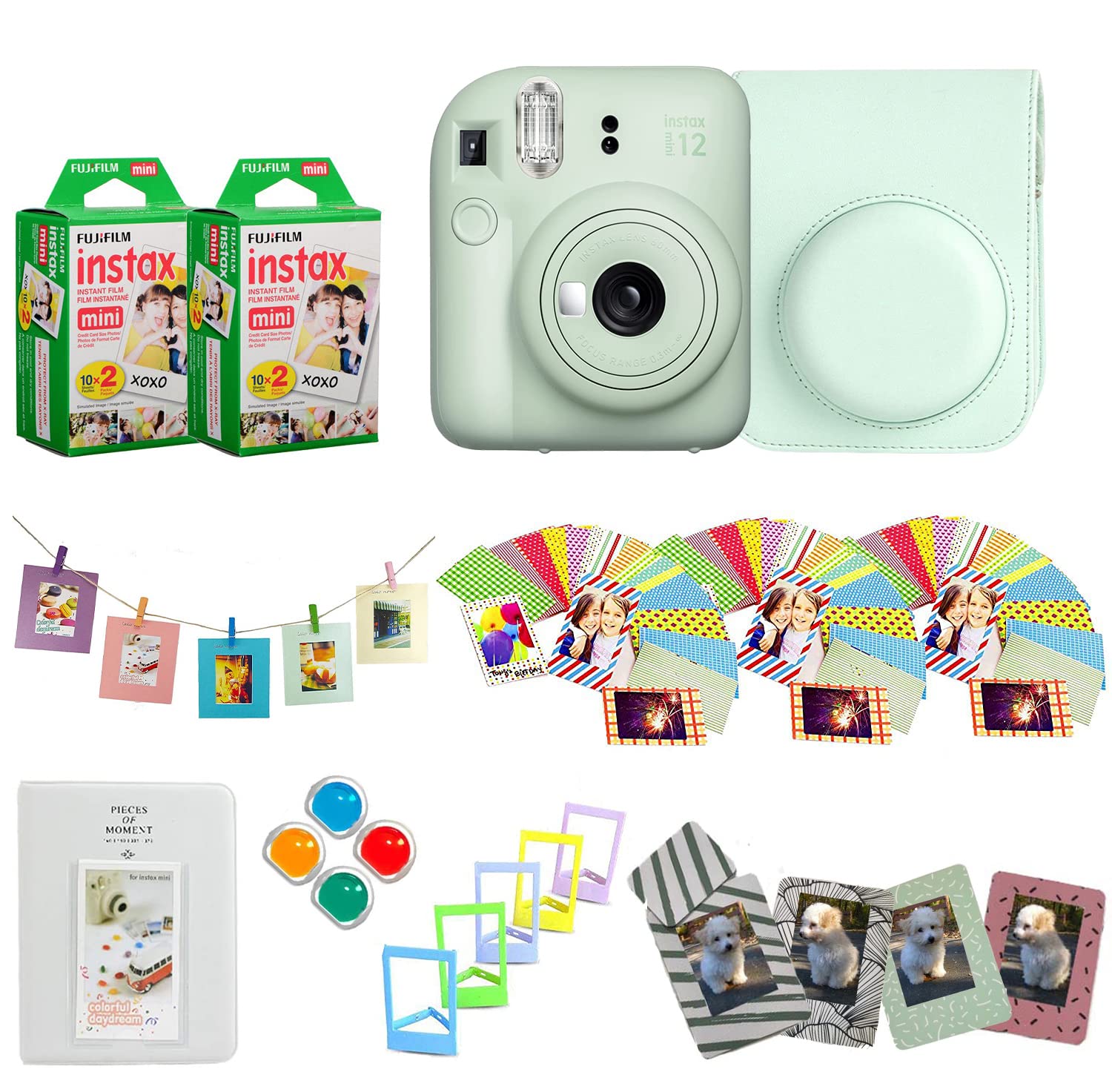 Fujifilm Instax Mini 12 Instant Camera + Pro Design Accessory Bundle with Protective Case, Magnetic Frames, Album, Frames Design Kit (40 Sheets) (Mint Green)