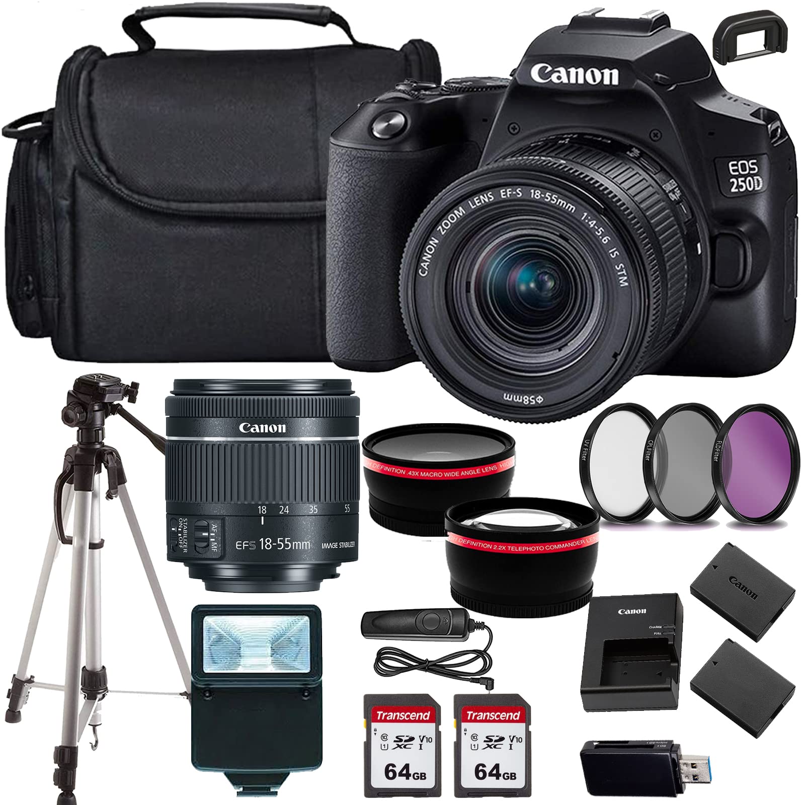 Canon EOS 250D / Rebel SL3 DSLR Camera w/Canon EF-S 18-55mm f/4-5.6 is STM Lens+case+128Memory Cards (24PC)