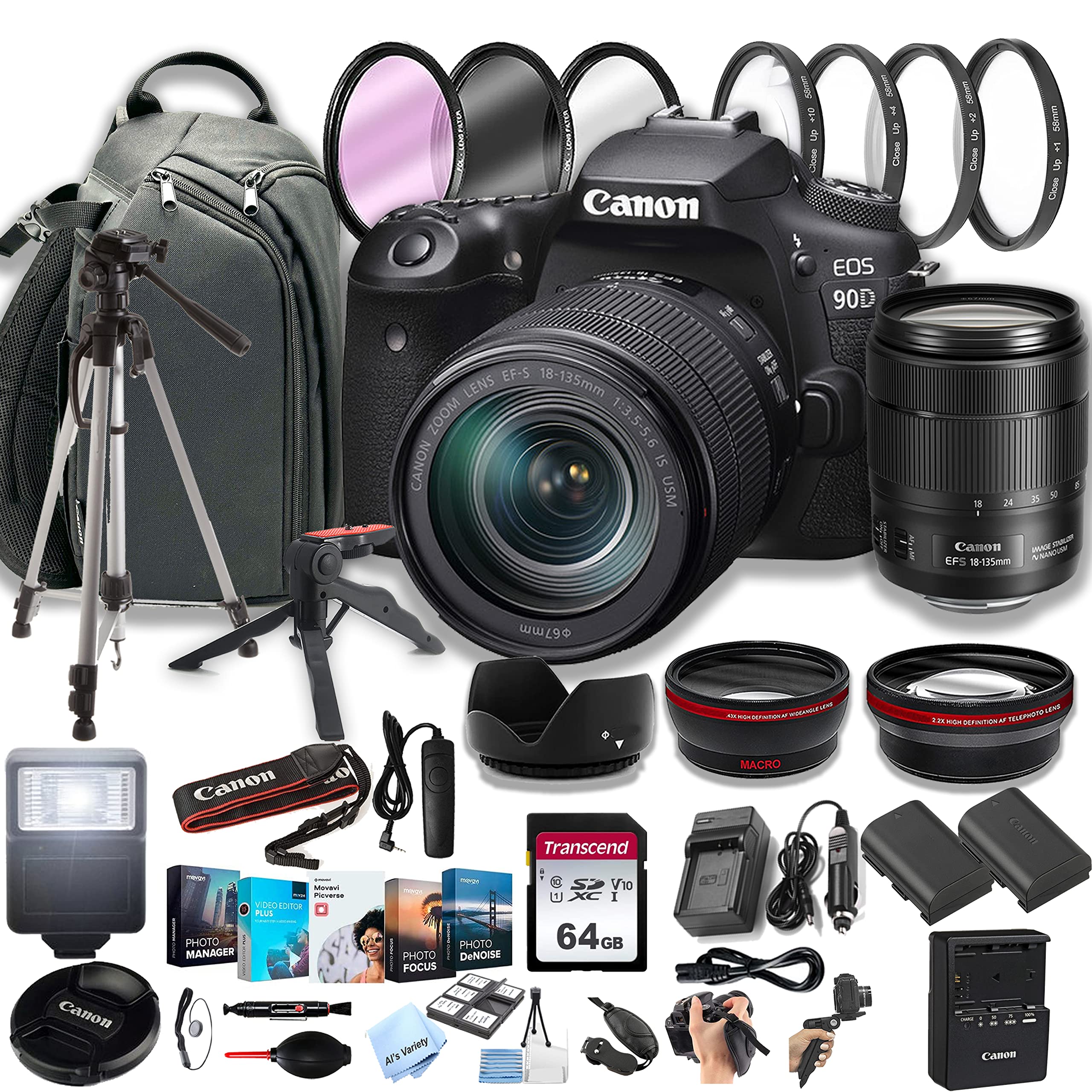 Canon EOS 90D DSLR Camera w/EF-S 18-135mm f/3.5-5.6 is USM Zoom Lens + 100S Sling Backpack + 64GB Memory Cards, Professional Photo Bundle (40pc Bundle)