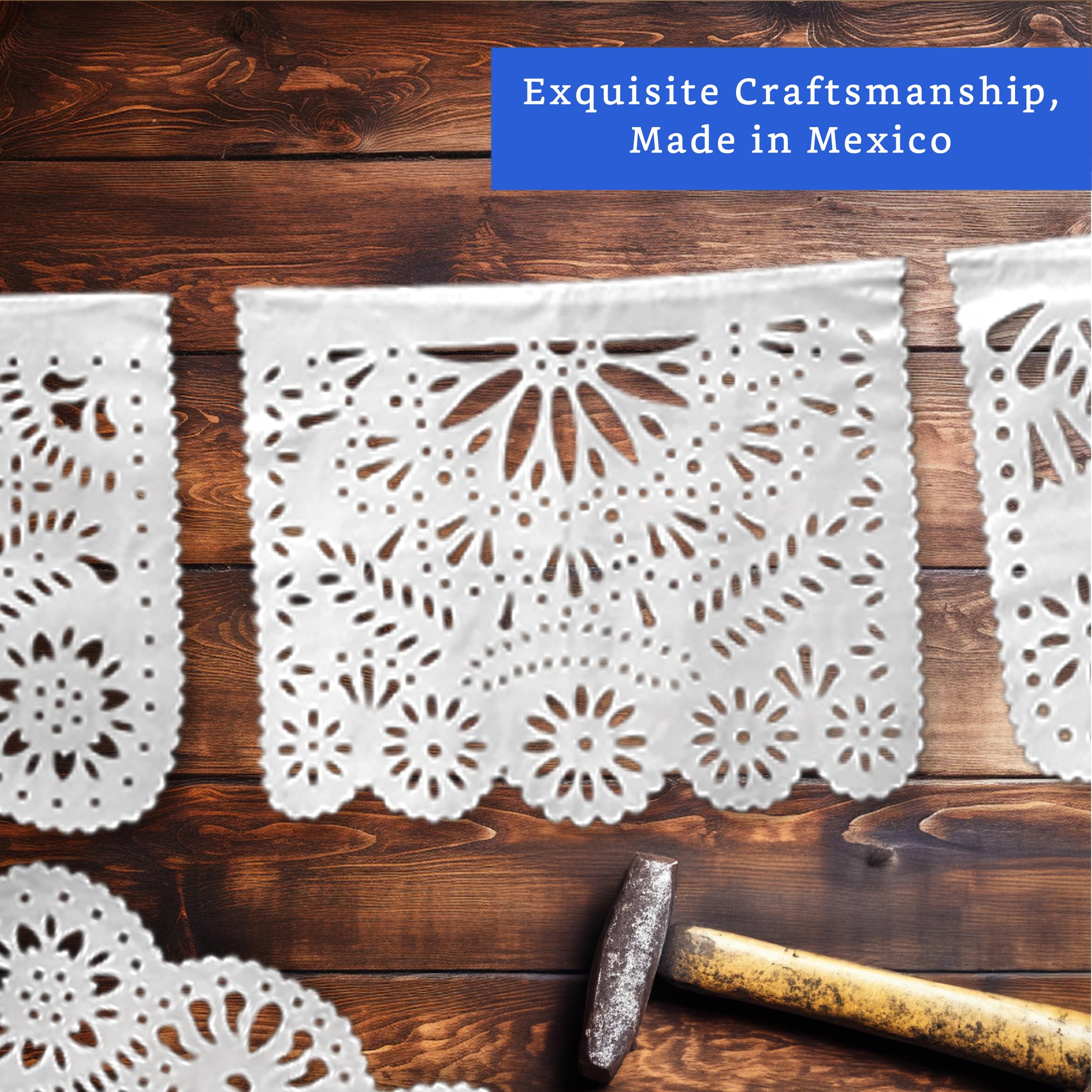 White Papel Picado Banner (5 Pack - 10 Plastic Flags per Banner) - White Mexican Banners for Parties and Weddings - Mexican Themed Party Decorations - Papel Picado Mexicano para Decoraciones