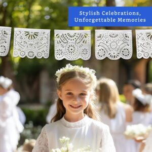 White Papel Picado Banner (5 Pack - 10 Plastic Flags per Banner) - White Mexican Banners for Parties and Weddings - Mexican Themed Party Decorations - Papel Picado Mexicano para Decoraciones