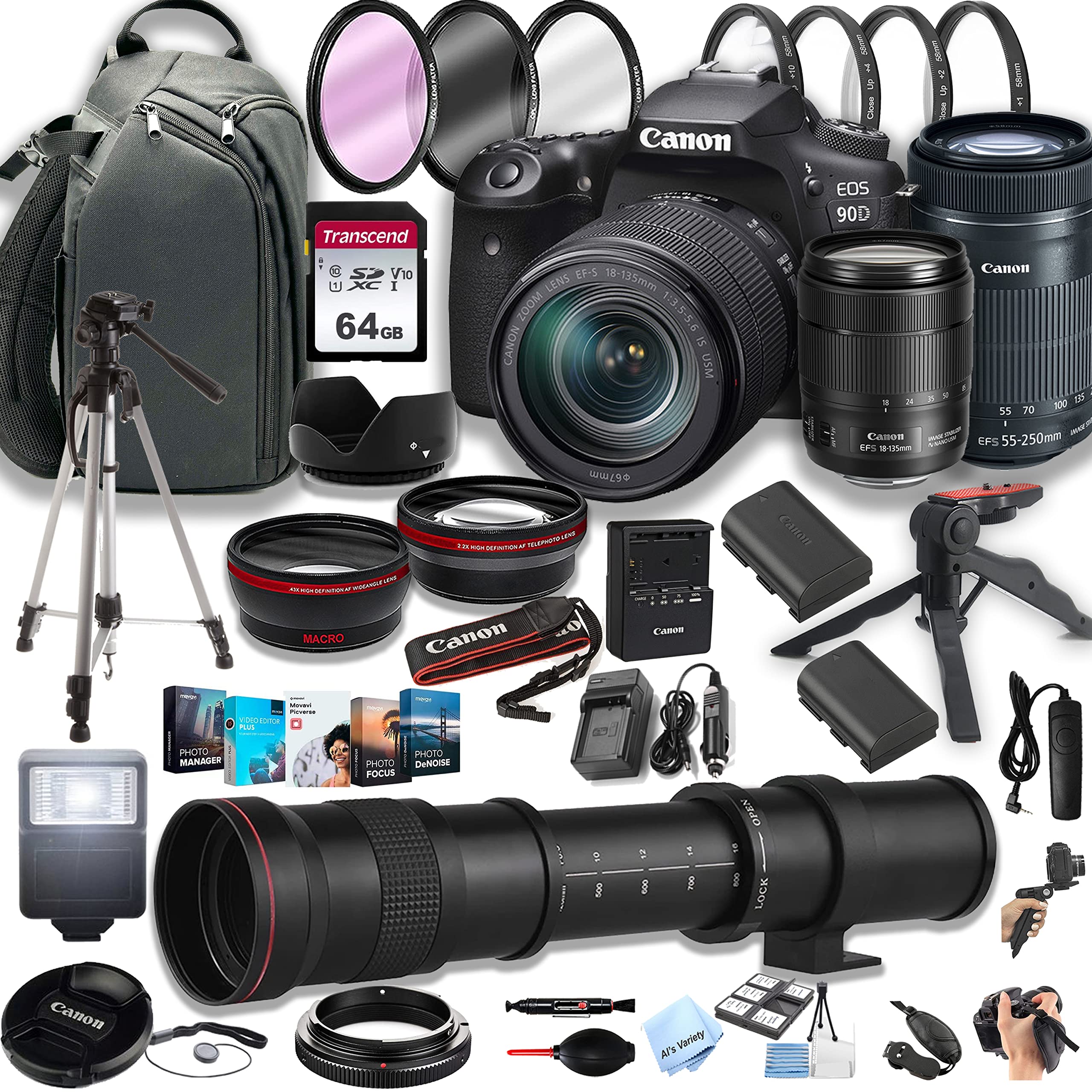 Canon EOS 90D DSLR Camera w/EF-S 18-135mm f/3.5-5.6 is USM Zoom Lens + 55-250mm f/4-5.6 is STM Lens + 420-800mm Super Telephoto Lens + 64GB Memory Cards, Professional Photo Bundle (44pc Bundle)